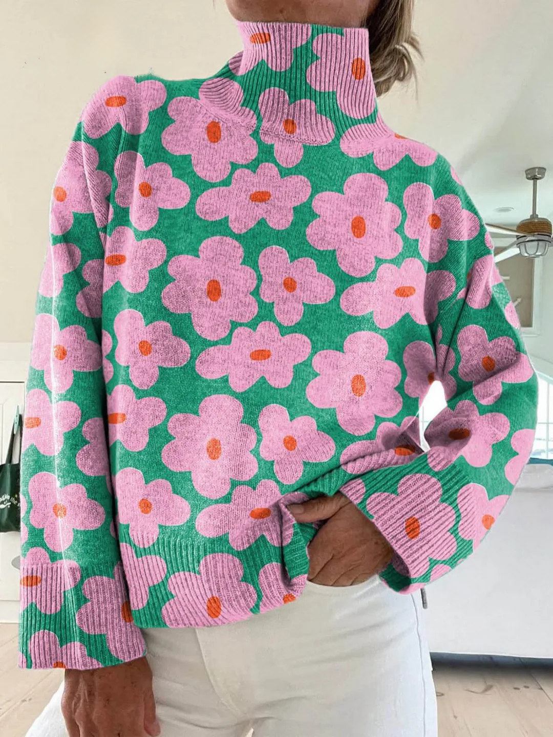 Karina | Blommönstrad tröja med elegant hög krage